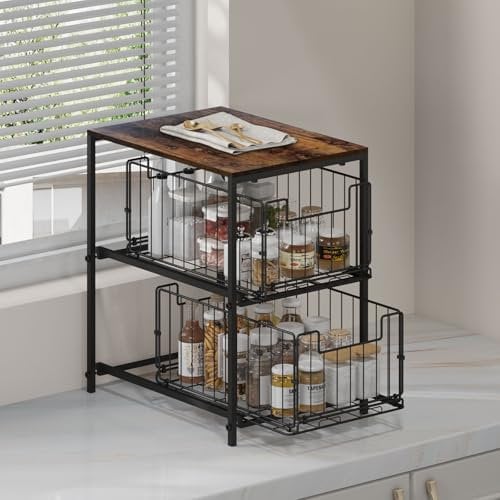 Meltrck Estante para especias, Estante de Almacenamiento Para Cocina, Organizador de Cocina, Cajón Deslizante de 2 Niveles, Almacenamiento de Escritorio, Para cocina, Sala de estar(Marrón Rústico)