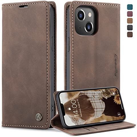 owlhold hülle iPhone 13 klapphülle Premium Lederhülle Weiches Vintage-Nubukleder Faltbare Ständer Schutzhülle Kartenfach Standfunktion stoßfest Handyhülle iPhone 13 -Kaffee