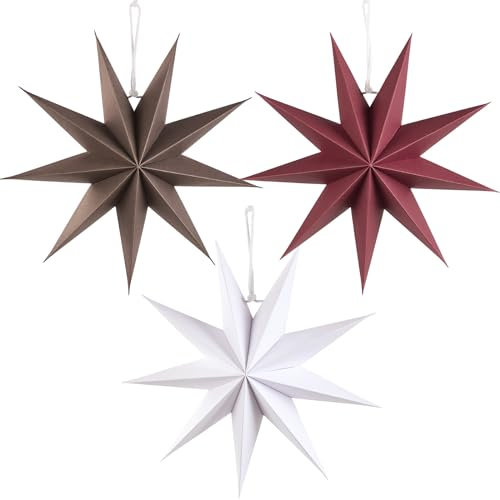 EASY JOY 3er Set Weihnachtsdeko Papiersterne 30cm Neunzackiger Faltstern Weihnachten Dekoration Weiß Braun Rot Faltsterne Party Deko für Weihnachtsbaum Tischdeko Weihnachtssterndekoration