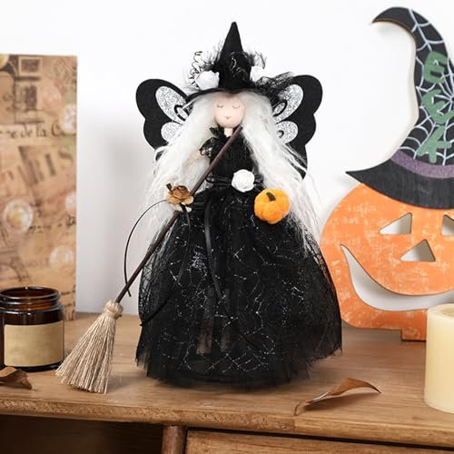 Halloween Deko, Halloween Hexe Puppe, Schwarze Halloween Hexe Baumspitze Hängende Halloween Deko Hexe Figure mit Besen Halloween Puppen für Halloween Party Dekoration Hexen Wichtel Puppe