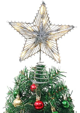 Glittered Christmas Tree Topper with LED Lights - Hollow Star Treetop Toppers for Christmas Party Home Decoration (Silver)