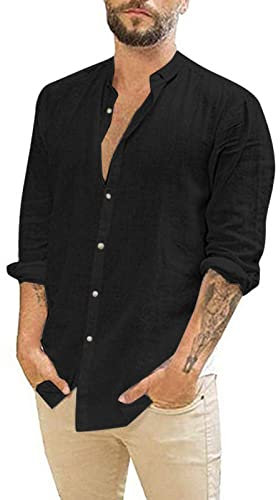 Rodawu Mens Shirts Long Sleeve Cotton Linen Shirts Casual Summer Shirts Lightweight Beach Tops Fashion Black Shirt 3XL