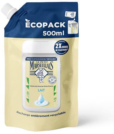 Le Petit Marseillais – Recharge Crème de Douche Extra Douce Lait (écopack de 500 ml) – Gel douche avec 92% d'ingrédients d'origine naturelle – pH neutre pour la peau et sans colorant