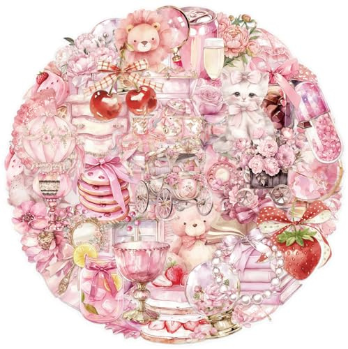 Rosa Märchen Stickers Set 50 Stück, Transparente PET Aufkleber für Laptop, Wasserflasche, Koffer, Gepäck, Gitarre, Helm, Handyhülle, Tagebuch, Scrapbook, Grußkarte