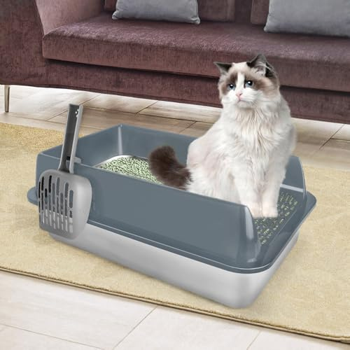 Bac à Litière en Acier Inoxydable,Litière pour Chat, Étanche et Anti-Renversement Litière pour Chats Semi-fermée,60 * 40 * 30cm (Grande Taille) Gris