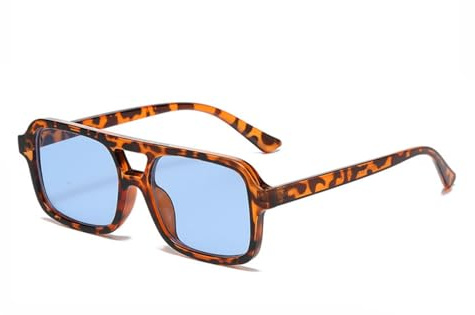 qinqilanqi-S Retro Sonnenbrille Männer Frauen 70er Jahre flache brille Vintage Square Double Bridge Sonnenbrille UV400 (Leopard/Blau)