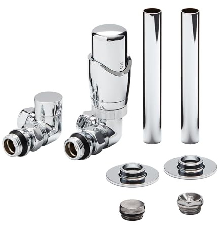 MILANO Chrome Corner Thermostatic Lockshield Radiator Valve Pipe Sleeve Kit | Brass Construction. Fits Radiators & Towel Rails. Corner Valve Design. Contemporary Style. 1/2 Threads. Fits 15mm Pipes.