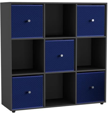 URBNLIVING 9 Cube Storage Unit with 5 Foldable Fabric Drawers, Wooden Freestanding Bookcase Shelf Organiser, Modern Cube Shelving for Bedroom, Office, Living Room, Toys, Clothes & Books