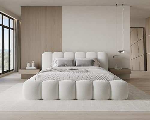 Chilly. Möbel Design Bett Stone - Polsterbett 180x200 mit Bettkasten, Lattenrost und Kopfteil - Eleganter Bouclé-Stoffbezug Weiß