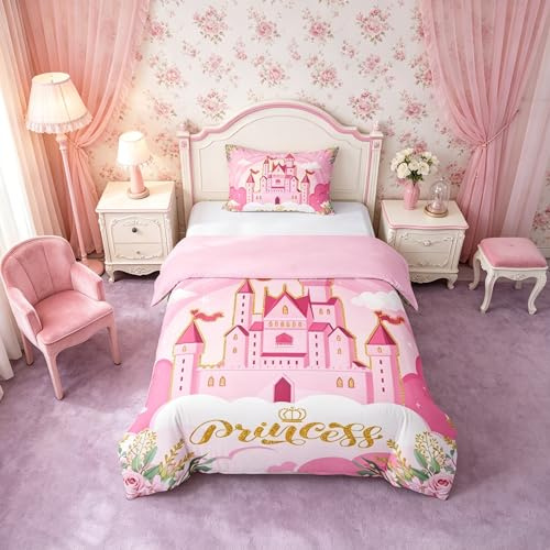 feelingyou Prinzessin Kinder Bettdecke S Größe Rosa Burg Träumige Blumen Decken Abdeckung für Schlafzimmer Märchentheme Bettwäsche Set(1 Kissenbehälter)