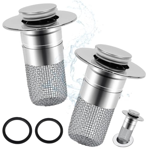 Lot de 2 bouchons de lavabo 2 en 1 avec tamis de vidange (argenté) : fonction pop-up, universel 34-40 mm, avec filtre à cheveux et bouchon de vidange. Pour lavabo de salle de bain, cuisine et plan de