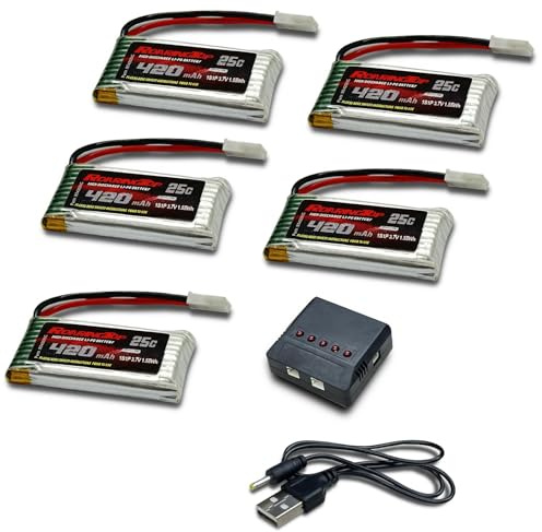RoaringTop 3.7V 420mAh Lipo Batterie 25C mit MOLEX Stecker mit 5in1 Ladegerät für RC Drohne Quadcopter Hubschrauber Quadcopter FPV Modell Rennen H99W H31 H6C H98 AT-96 TR-P51 TR-F22 TR-C385