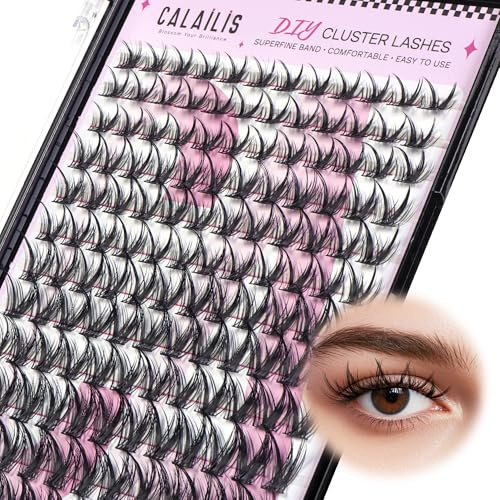 CALAILIS Wimpern Extensions Manga Lashes 144 Pcs D Curl DIY Einzelne Wimpern Mega Volume und Wiederverwendbare Cluster Lashes Super Thin Band und Weich Comfotable den ganzen Tag (L32)