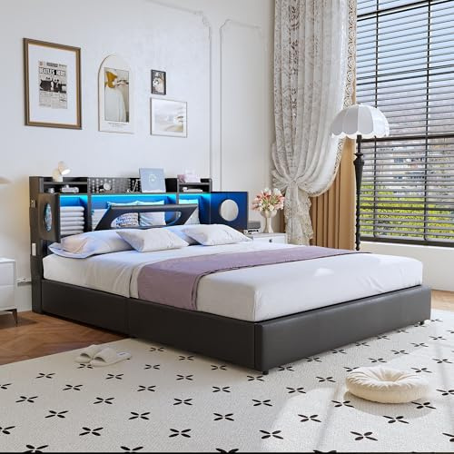 DIYHOM Stauraumbett Polsterbett 140x200 cm mit LED-Beleuchtung, Aufklappbares Kopfteil mit USB-Ladeanschluss, Hydraulikbett Funktionsbett, PU, Schwarz