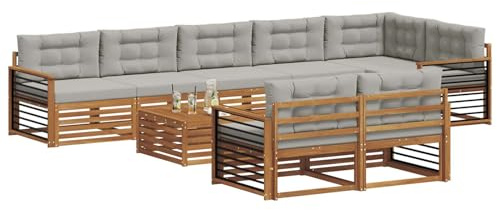 vidaXL Outdoor-Sofagarnitur mit Kissen 9 pcs Natürlich und Hellgrau, Garten, modernes Sofa für draußen, schicke Lounge-Möbel, haltbar und bequem für Deine Terrasse