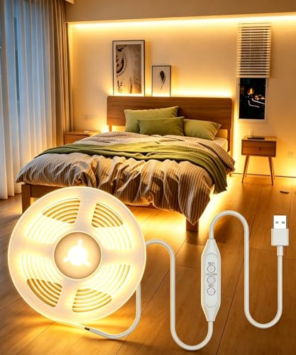 Amagle COB LED Streifen 2m Warmweiss, USB LED Leiste Band Strip 2m Lichtband Lichtleiste LEDs Leuchtband Selbstklebend Klebestreifen, Dimmbar Lichtstreifen TV Backlight Beleuchtung Küche Warmweiß
