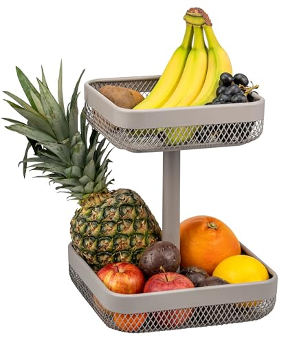 eluno 2-stöckige eckige Obstetagere/ Brotkorb, Körbe mit 20 x 20 cm und 25 x 25 cm, Obstkorb für die Lagerung von Obst, Gemüse, Brot, Gewürzen und Snacks in Küche und Wohnzimmer, aus Metall (Taupe)