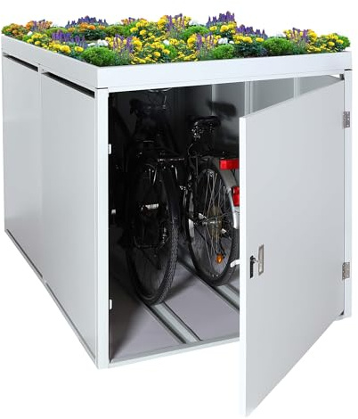 PROREGAL 2er-Fahrradgarage mit Pflanzkasten | HxBxT 123x113x208cm | abschließbar verzinkter Stahl | Hellgrau | Fahrradbox