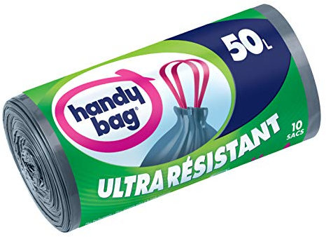 Handy Bag, Rouleaux de 10 Sacs Poubelle 50 L, Poignées Coulissantes, Ultra Résistant, Anti-Fuites, 68 x 73 cm, Gris Foncé, Opaque