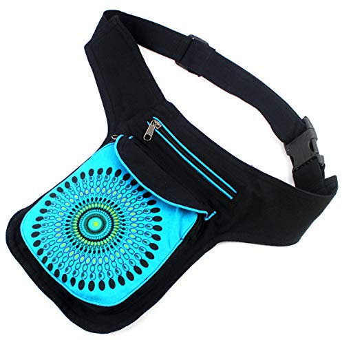 Gürteltasche aus Stoff, lässig, Ethno-Motiv, 3 Taschen mit Reißverschluss, Einheitsgröße, Verstellbarer Gurt (18 x 16 x 3 cm), Mb-1 Azul, Talla única