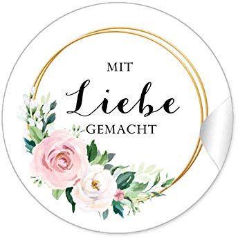 24 STICKER Mit Liebe gemacht Etiketten für ihr Gastgeschenk mit Rosen in Rosa und zwei Ringe in Goldgelb kein Echtgold zum beschriften von Selbstgemachtes Briefen Geschenkverpackungen, 4 cm, matt