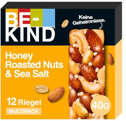 Be-Kind Barretta Mandorle Tostate Miele Sale Marino Senza Glutine 12x40g | Snack naturale con frutta secca e ingredienti semplici, confezione multipack ideale per l'ufficio e la merenda quotidiana