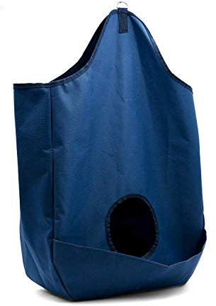Heutasche mit Auffang-Tasche Heunetz Heusack Heuraufe Beschäftigungssack AMKA - H: 70cm B: 46cm T: 16cm Futternetz artgerechte Fütterung - blau