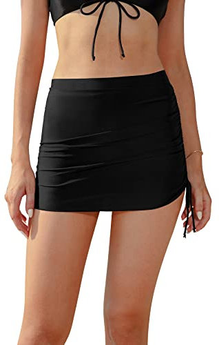 SHEKINI Jupe de Bain Femmes Bikini Jupette Elégant Slim Jupe Courte Summer Beach Maillots de Bain Femme Ruched Jupe de Bain Sport(L, A-Noir)