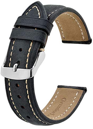 BISONSTRAP Correa de Reloj 20mm, Correa Piel de Cuero Vintage, Negro/Hilo Beige