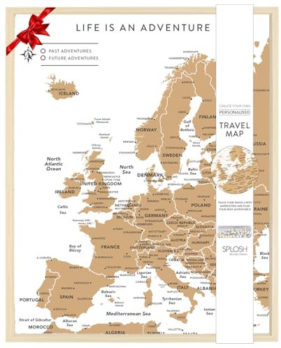Splosh Reisekarte – Europakarte als Pinnwand in Weiß mit Holzrahmen für den Schreibtisch. Korktafel mit 100 Pins in 2 Farben zum Markieren vergangener und zukünftiger Reisen und Abenteuer