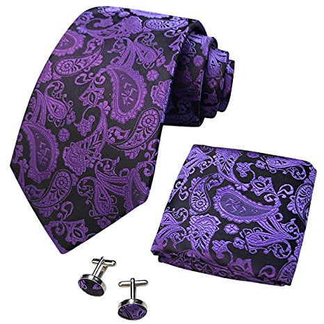 CANGRON Herren Violett Paisley Krawatte Gewebte Herren Tasche Quadratische Manschettenknöpfe Krawattenset DLSPXZI