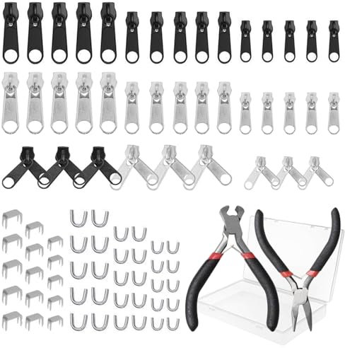 Zipper Repair Kit, 86 Piece Zip Fastener Replacement Repair Kit, Metal Zipper Slider Replacement Kit, 3mm 5mm 8mm Metal Zip Fastener, with 2 Mounting Pliers, for Jackets, Bags and Luggage