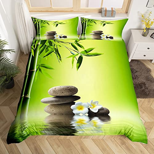 Pierre Zen Housse de Couette Green Bambou Parure Housse de Couette Meditation Parure de Lit 220x240cm Tranquil Nature Ouvrages d'art Ultra Doux Décor de Chambre Nature Theme