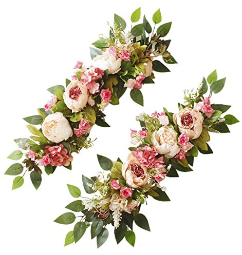 MISNODE Künstliche Hochzeitsbogen Blumen 2er Set Künstliche Blume Swag Floral Swag Dusty Wedding Decor Rustikale Künstliche Eukalyptus Grün Floral Swag Pink