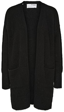 Damen Selected Lange Strickjacke mit Taschen | Open Stretch Casual Cardigan | Knitted Coat SLFLULU, Farben:Schwarz, Größe:XS