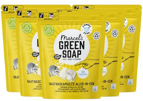Marcel’s Green Soap All-in-One-Spülmaschinenkapseln - Geschirrspülkapseln - Spülmaschine - Mikroplastikfreie Formel - Vegan - EU Ecolabel zertifiziert - 25 Stück (5er Pack)