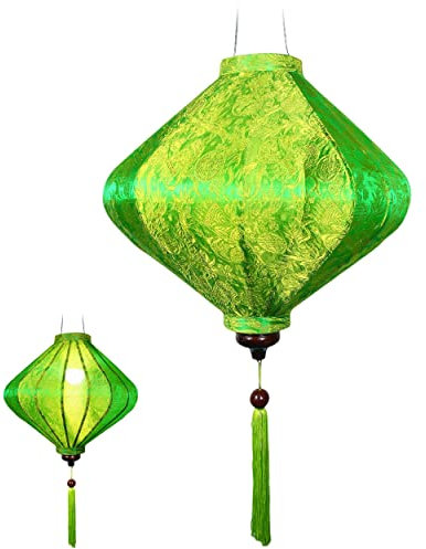 Asiatische Laterne Lampion aus Grün Seide, T Ø39cm - Traditionelle Hoi An Hängelampe aus Stoff, Bambus und Holz - Dekoration und Handwerk aus Vietnam (T25-V)