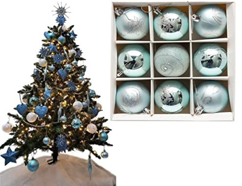 9pc Luxury Premium Baubles, Christmas Tree Bauble Decorations Matte, Glitter, shiny & Frosted (6cm) (Ice Blue)