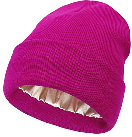 Mukeyo Damen Satin gefütterte Strickmütze Beanie Mütze Winter Warm Bündchen Strick Seidenfutter Weich Zopfkull Cap, Rosenrot, Einheitsgröße