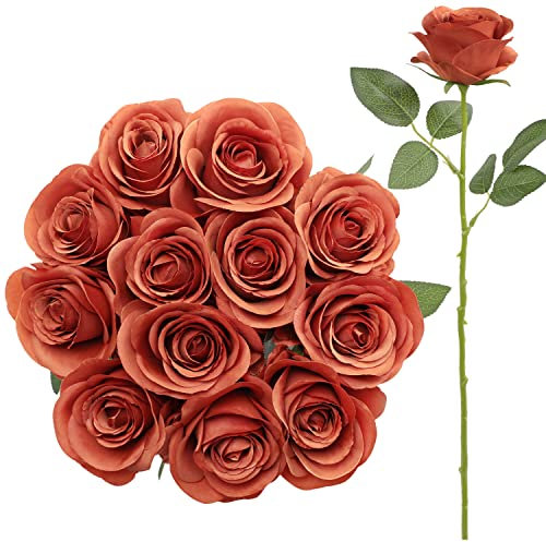 JUSMAI Künstliche Rosen, 12 Stück, gebrannte Orange, künstliche Rosen, Blumen mit langen Stielen, Seidenblumen für Hochzeit, Blumenstrauß, Tafeldekoration, Party, Braut, Babyparty, Heimdekoration