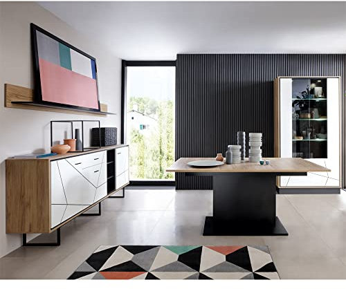 Lomadox Esszimmer Set modern mit Esstisch ausziehbar 160-200 cm Sideboard Anrichte Vitrinenschrank Wandboard in Catania Eiche Nb. mit schwarz und weiß Hochglanz