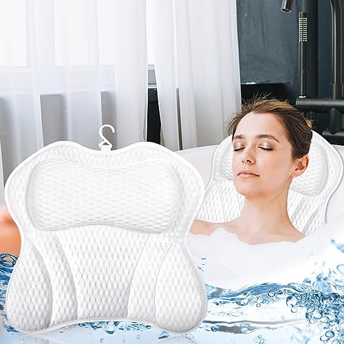 Purpledi Almohadas para Bañera,Almohada de Baño,Cojín de Bañocon 6 Ventosas Antideslizantes Tecnología 4D Air Mesh Cuello, la Espalda,para SPA en Casa Bañera de Hidromasaje (Blanco)