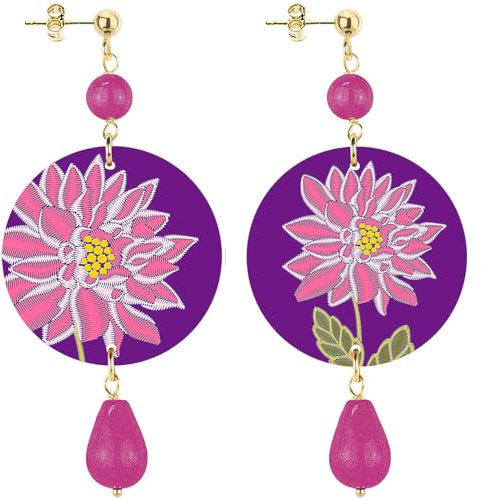Lebole - Pendientes para mujer, Joyeria, Diseño de flores, Color morado y fucsia, Talla única, Latón, Jade