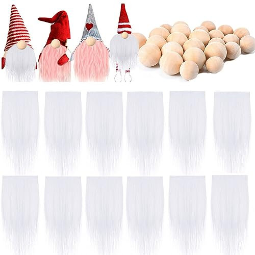 Ekakashop 12Pcs Kunstpelzstoff GNOME Bart Mit Holzkugeln Set,Weihnachten Vorgeschnittener Zwergenbart,Ostern Weihnachten Deko Wichtel Bart Basteln für DIY Weihnachtsmann Wichtel Puppe