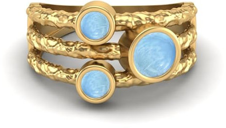 MOONEYE 0,70 Ctw-Runde Larimar Ring mit geteiltem Schaft, gehämmertes geteiltes Band, 925er-Sterlingsilber, Trio-Stein-Ring Gold Vermeil, 60