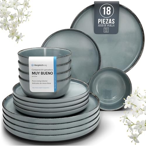 Ensemble Vaisselle en Grès 6 Personnes Rustique 18 pièces - Service de Table Rustique, Lavable au Lave-Vaisselle - Ensemble de Bols et Assiettes - Vaisselle de Table Pure Living en Bleu Fumé