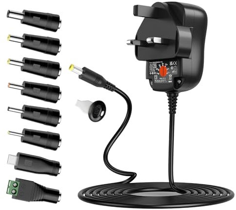 Outtag 24W 3-12V 2A Power Supply AC Adapter Universal DC 3V 4.5V 5V 6V 7.5V 9V 12V 1A 2A Power Adapter Charger with 8 Plugs Adapters for Camera LED Strip Lights TV Box CCTV Speaker Electronic Devices
