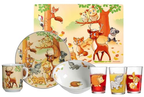 Ritzenhoff & Breker Kinder-Set Waldtiere 7-teilig, Porzellan-Kindergeschirr mit Schale Becher Teller, Kindergläser 205 ml, Platzset 45 x 30 cm, Gedeckter Kindertisch mit Tier-Motiven