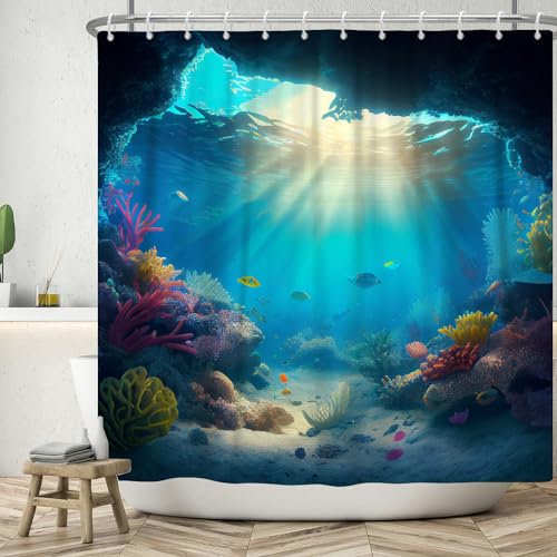 ASDCXZ Rideau de Douche Fond Marin 180x180 cm, Bleu Océan Profond coloré Monde sous-Marin Poissons de mer Corail Lavables Textile Rideau de Bain imperméable pour Baignoire