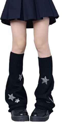 Golden Apple Knitted Leg Warmers Gyaru Gothic Punk Knee High Stockings Retro Stars Pattern Y2K Boots Cuff Warmer for Women (Black)
